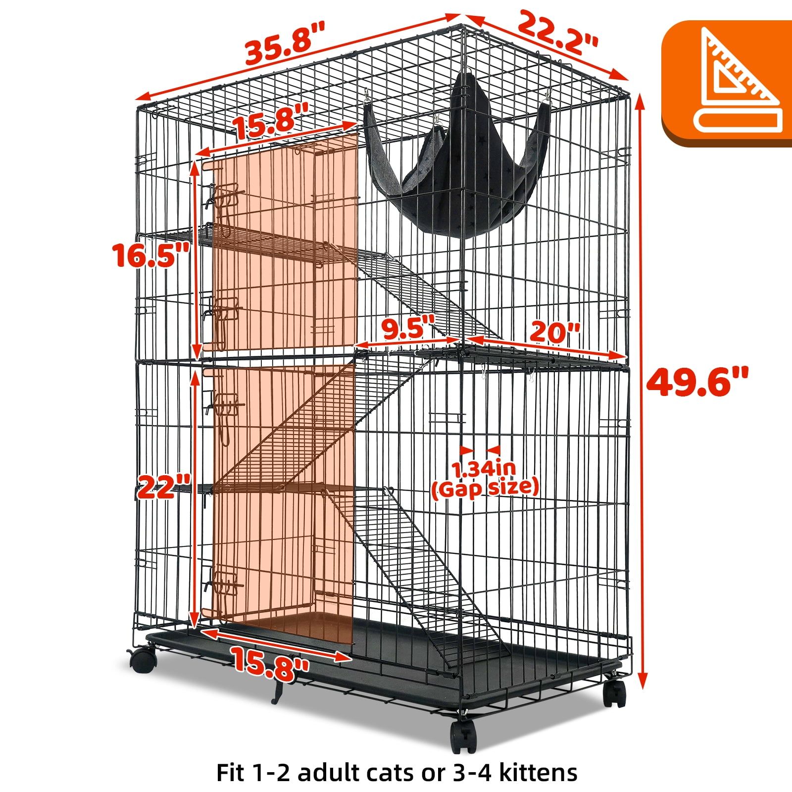 Homey Pet 50 Inch Cat Cages Indoor, Large 4-Tier Cat Crates for Indoor Cats, Collapsible Metal Wire Cat Enclosures Big Multi-Level Cat Cage for Adult Cats Kitten Kitty with Hammock, Ramp, 360° Wheels