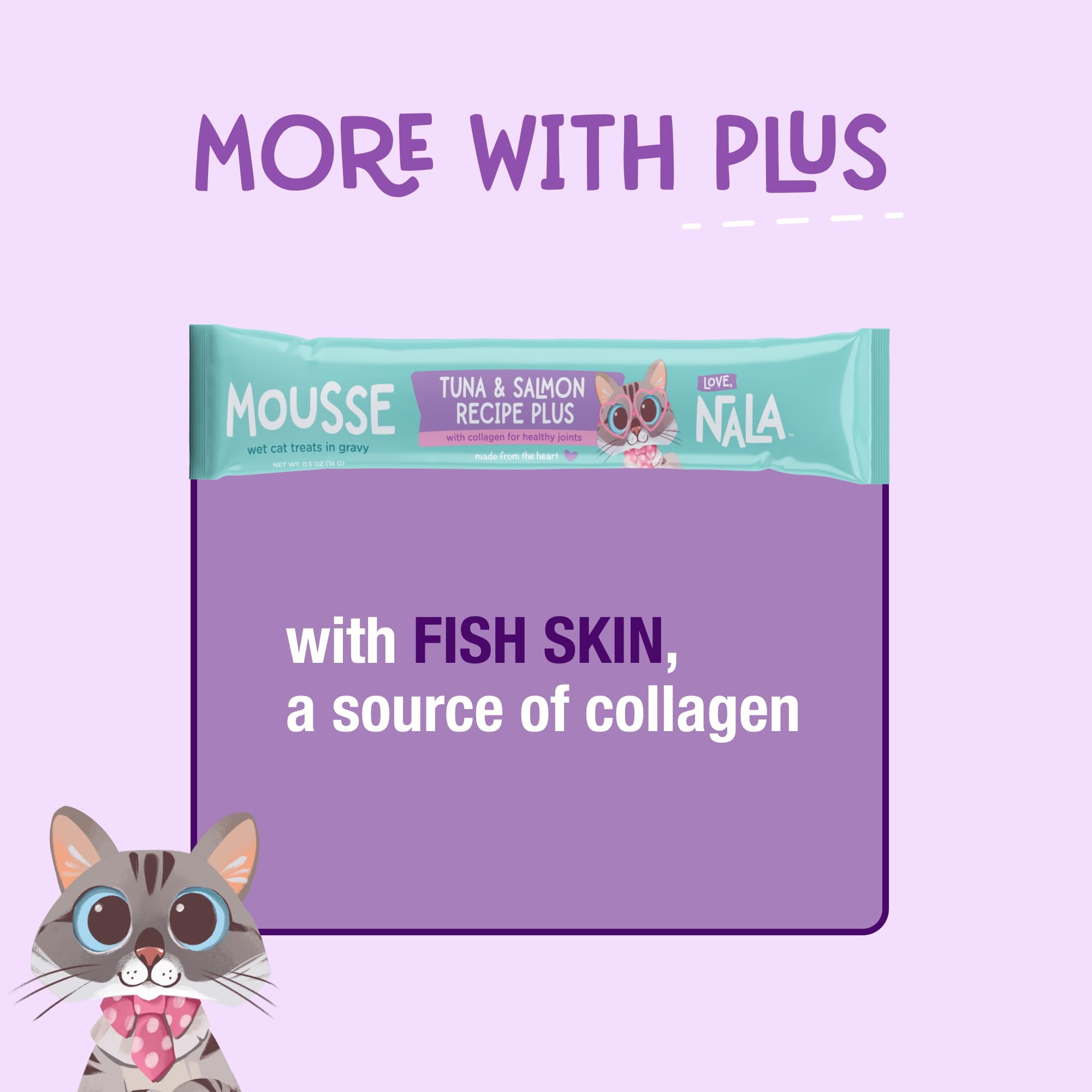 LOVE, NALA - Skin & Coat Health - Tuna & Salmon Plus Collagen Mousse - Lickable Cat Squeeze Up Wet Food Puree Treat, Topper - Grain Free, Fiber, Minerals, Vitamins - 24 Pack 15.2 oz.