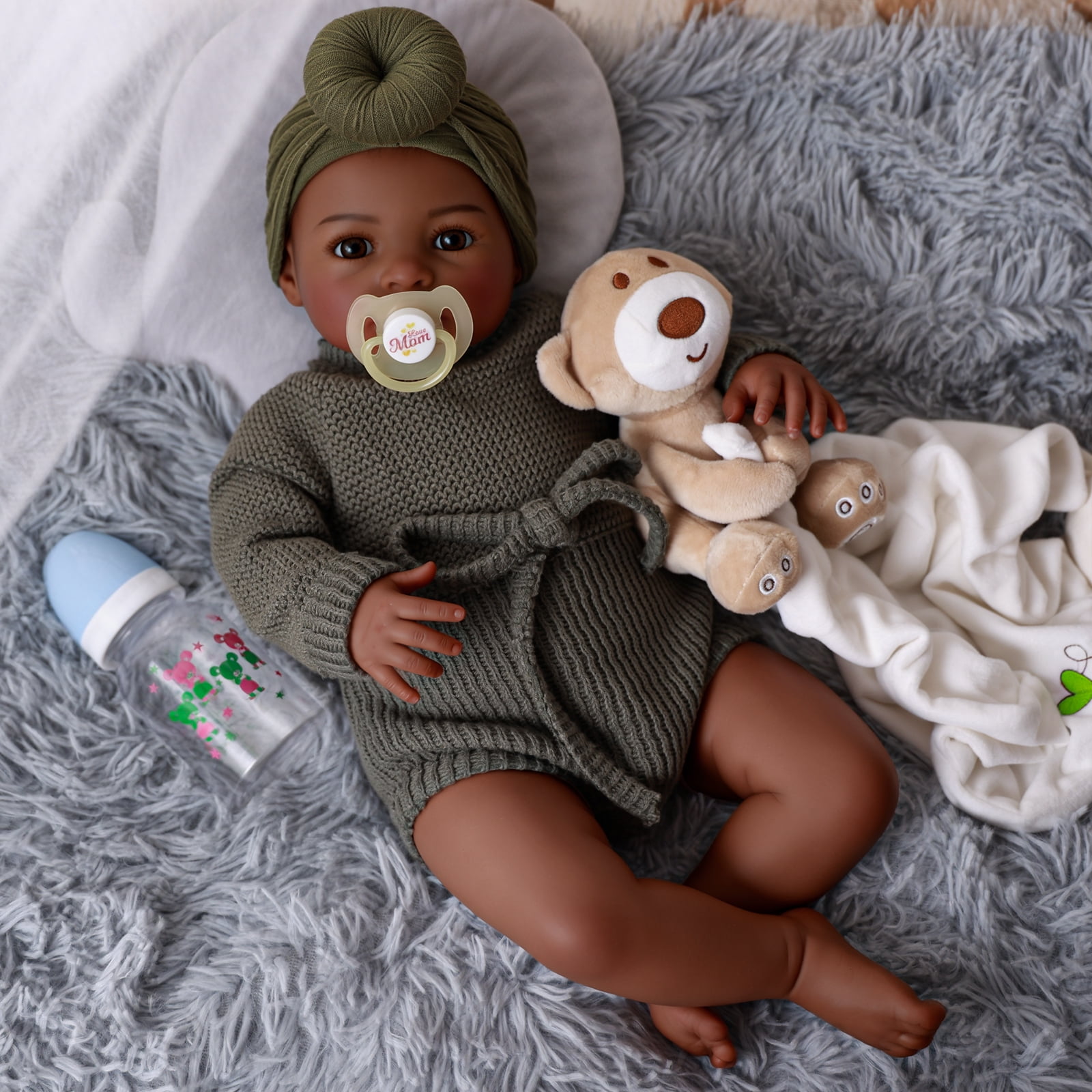 RSG Black Reborn Baby Dolls, 20 Inch Black Girl Lifelike Real Life Baby Dolls with Feeding Kit Gift Box for Kids Ages 3+