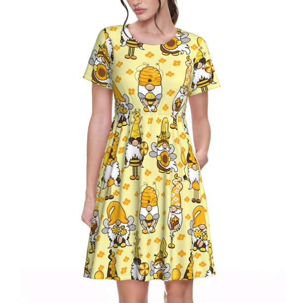 Easygdp Garden Honeybee Gnomes para Vestido Transpirable de Mujer, Vestido Suelto de Manga Corta con Pliegues y Bolsillos para el Verano