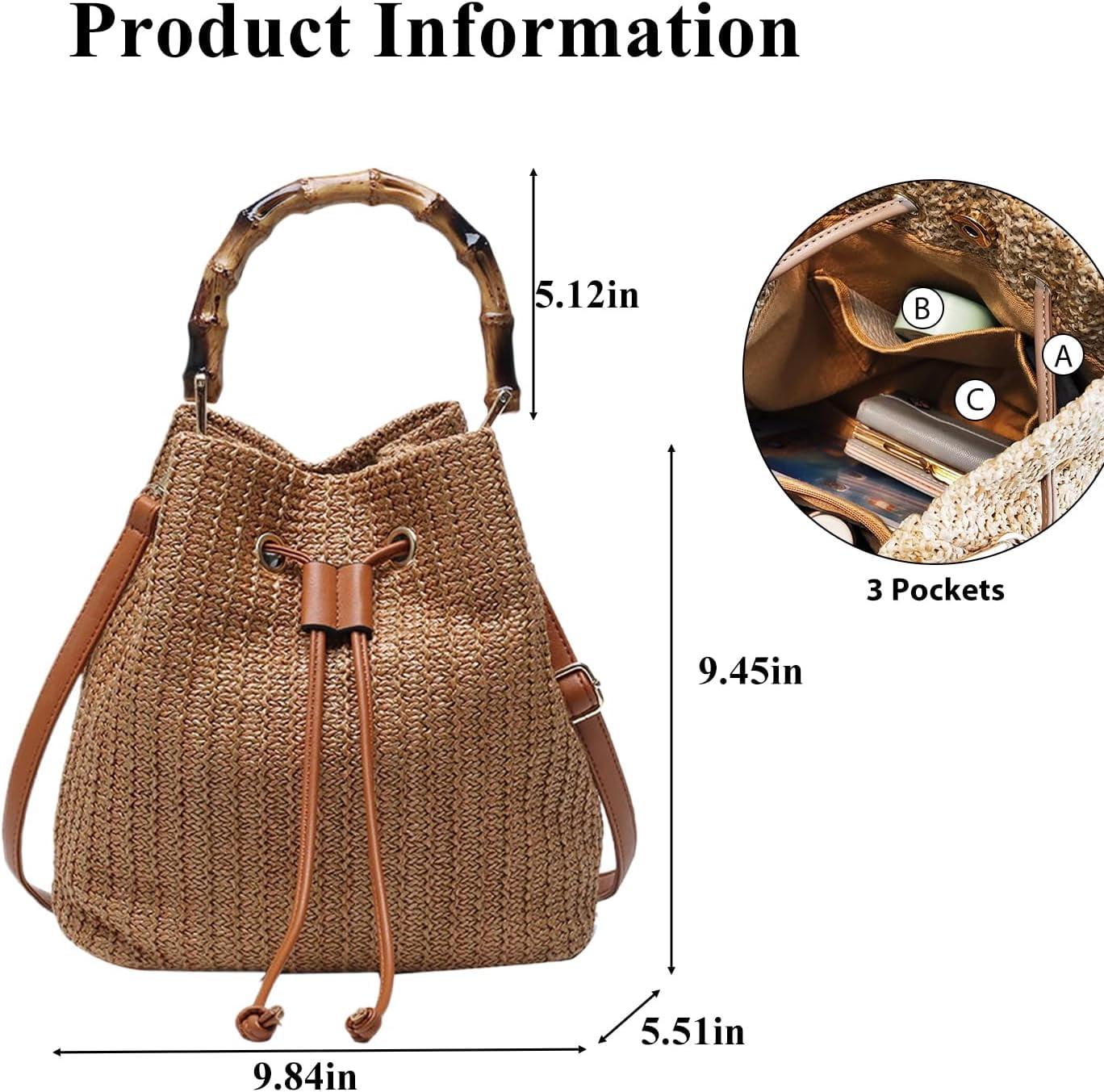 Straw Purse for Women, Summer Straw Bucket Bag Trendy Hobo Bag Straw Shoulder Crossbody Handbags with Bamboo Handle