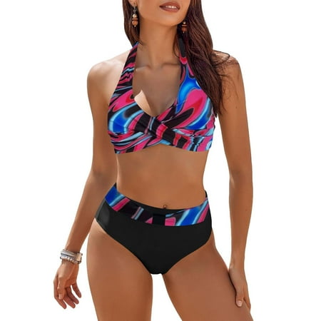 Aligament Plus Size Swimsuit for Women  Womens Swimsuits Two Piece High Waisted Bathing Suits Color Block Wrap Front Bikini Sets  Pink 5XL