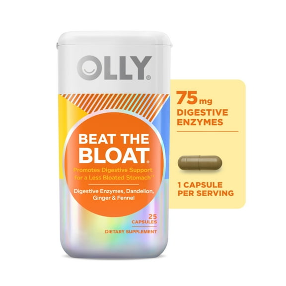 OLLY Beat The Bloat Capsule Supplement, Digestive Enzyme Support,* Dandelion, Ginger, 25 Ct
