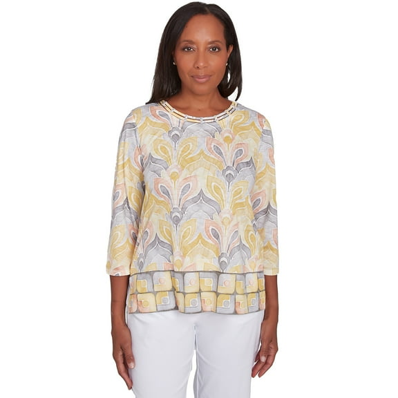 Alfred Dunner Womens Geometric Medallion Crewneck Top
