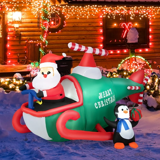 Costway 6.5FT Christmas Inflatable Santa Claus Driving Helicopter &Penguin  Holding Gift 
