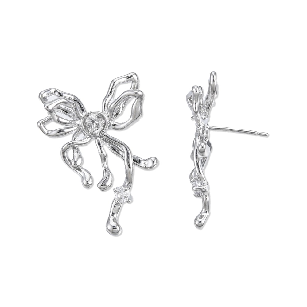 30pc Brass Pave Clear Cubic Zirconia Stud Earring Findings for Half Drilled Beads Cadmium Free & Nickel Free & Lead Free Butterfly Platinum 29x23mm Hole: 1.6mm Pin: 0.8mm