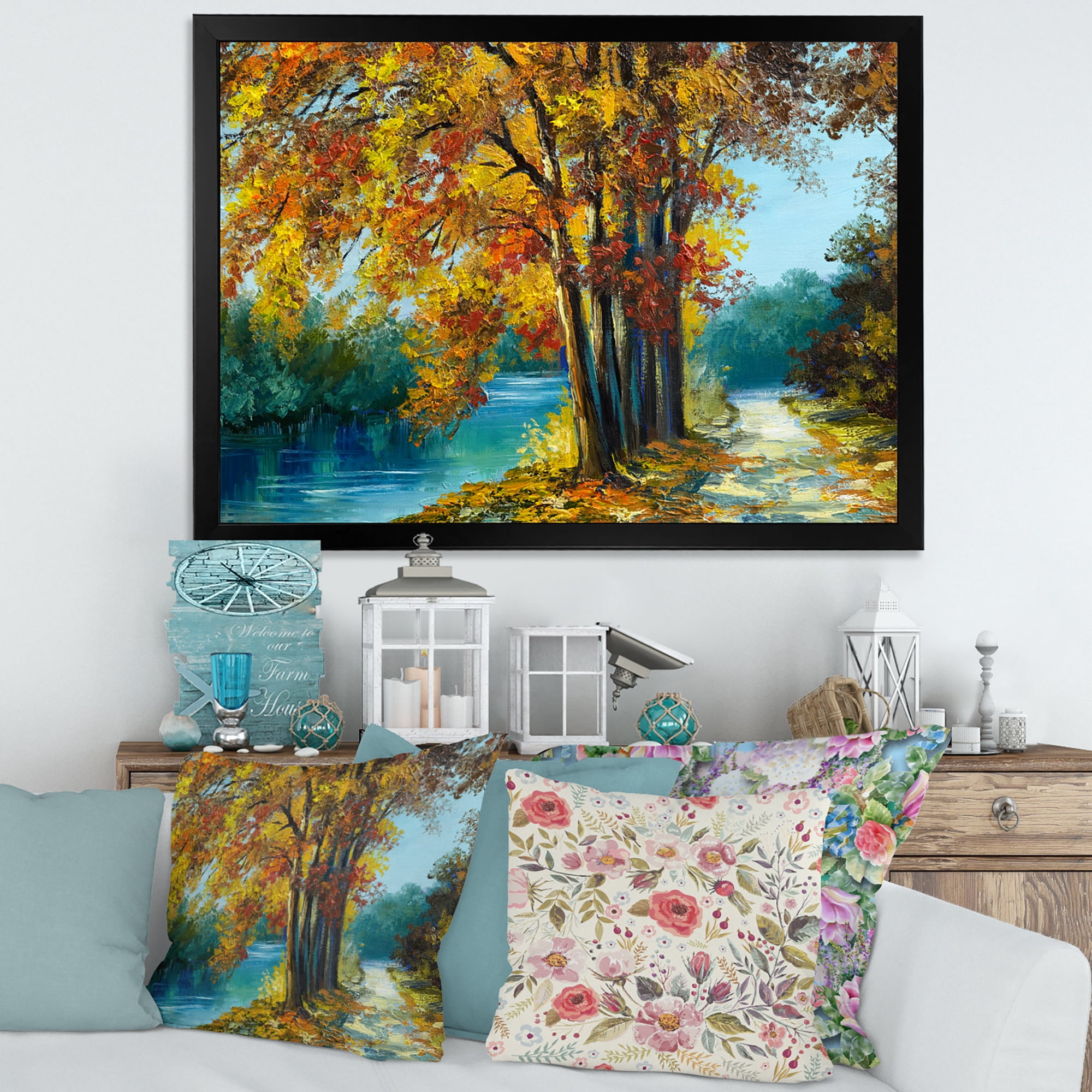 Designart 'Abstract Trees In Warm Autumn Colors By Bright Blue River' Traditional Framed Art Print