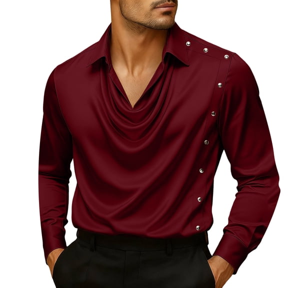 Kalauyu Mens Cowl Neck Satin Shirts Regular Fit Long Sleeve Soft Stretch Casual Lapel Shirt