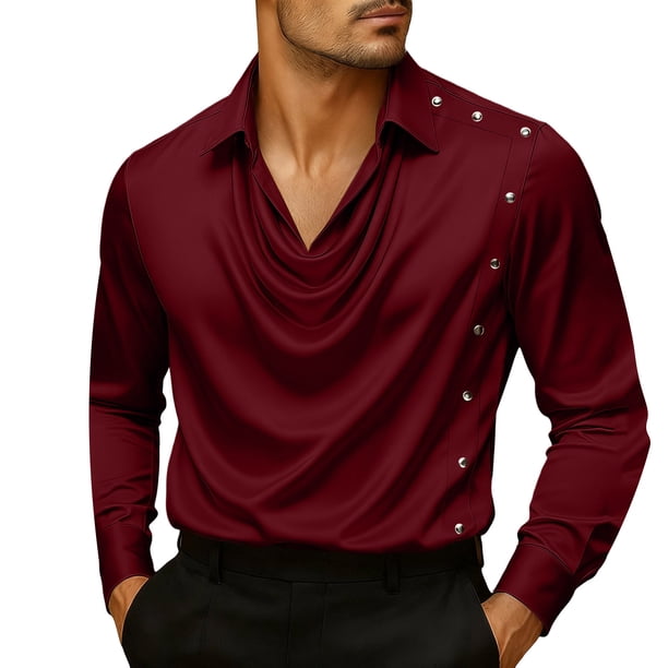 Ceisia Men Long-Sleeve Dress Shirt Silk with Silver Buttons Decoration Resisting Wrinkles Red S Gift