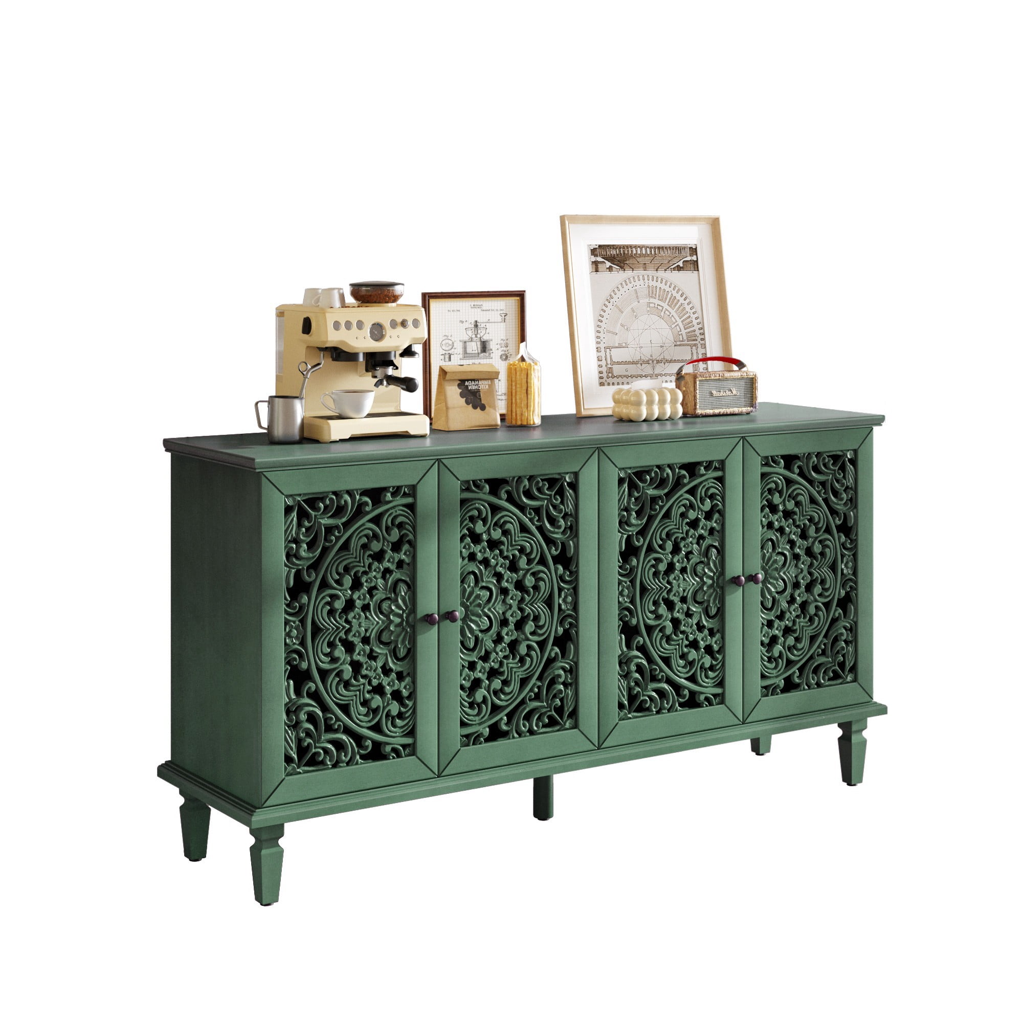 60" Antique Buffet Cabinet with Floral Carved Doors, TV Stand for 65 Inch TV, Sideboard Cabinet with Adjustable Shelves, Antique Green
