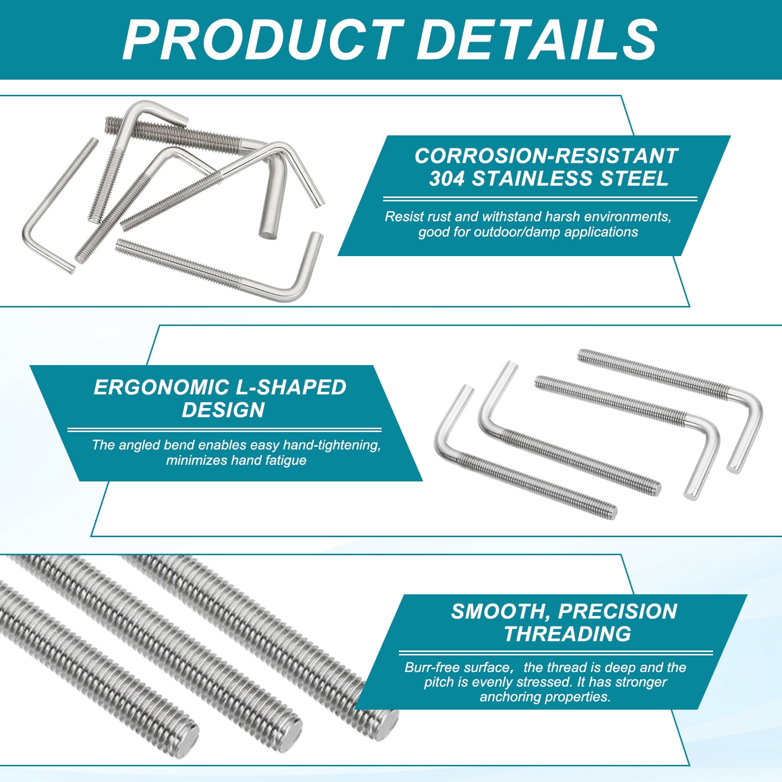 Uxcell M8x120mm 7/L-Shaped Right Angle Bolt Screw, 304 Stainless Steel L Shape Foundation Bolt Long Square Bend Screw, 10 Pcs