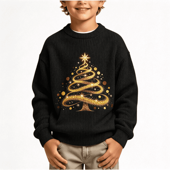 Gaxelrn Boys Christmas Sweater,Crew Neck Long Sleeve Knit Pullover with Christmas Tree Graphic,Black.,Size 7-8 T