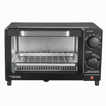 Mainstays 4 Slice Countertop Toaster Oven with 3 Settings, Includes Baking Rack and Pan, Black, New