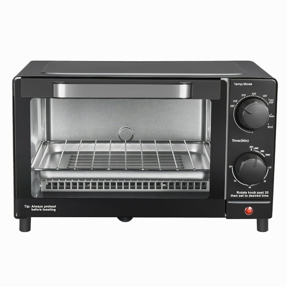 Mainstays 4 Slice Countertop Toaster Oven with 3 Settings, Includes Baking Rack and Pan, Black, New