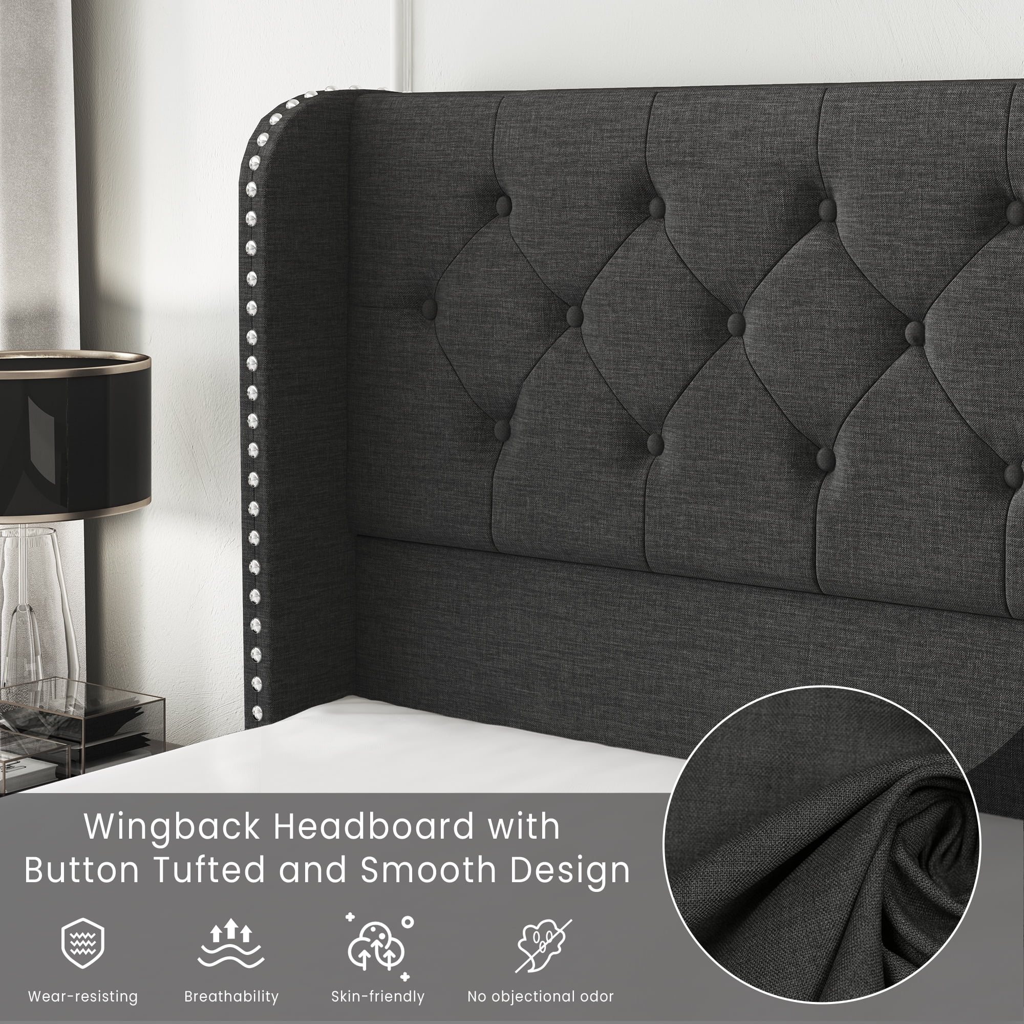 Breltam King Size Bed Frame with 4 Storage Drawers, Wingback Tufted Headboard, LED Lights, Dark Grey Velvet Upholstered Platform Bed, No Box Spring Needed