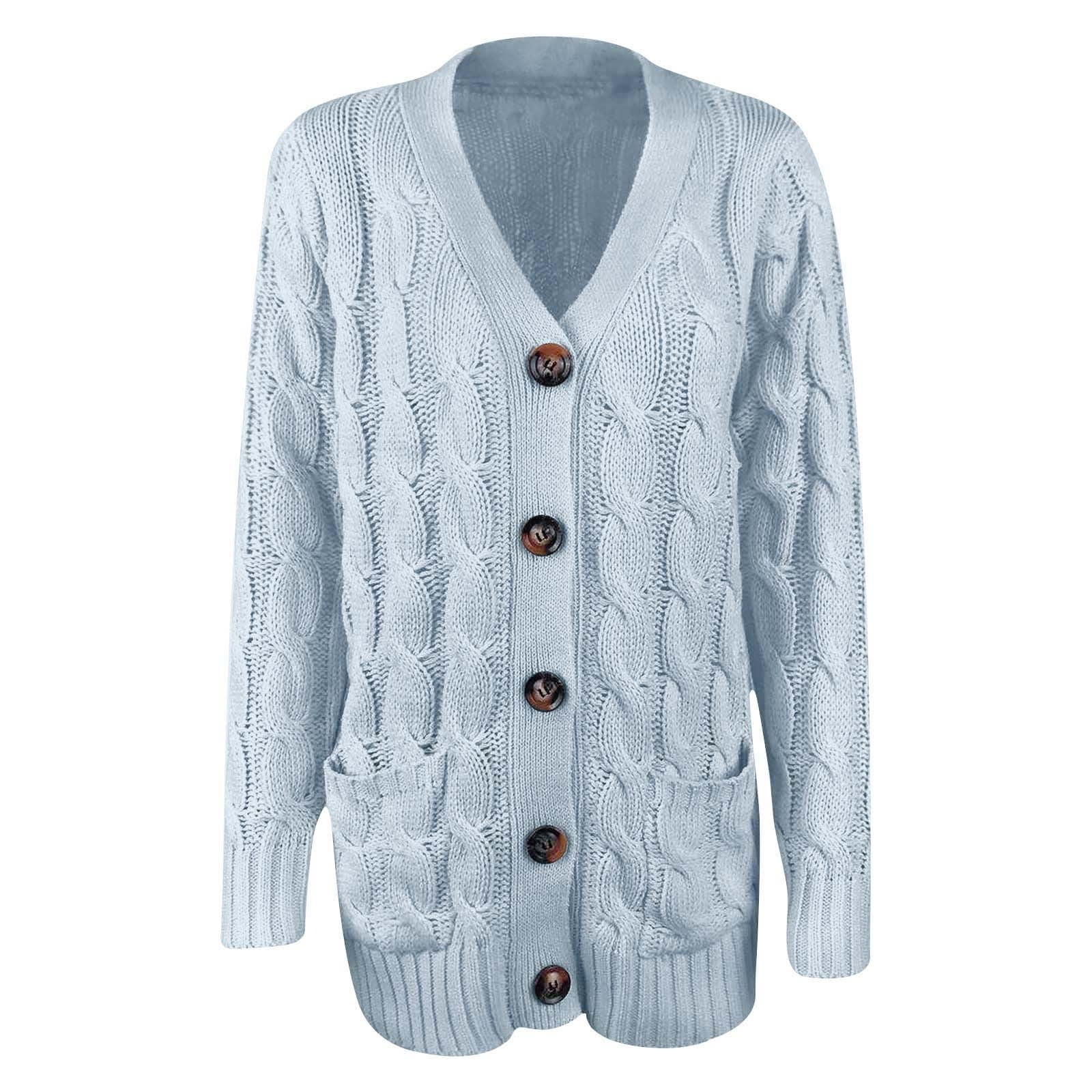 Women's Open Front Cardigan Sweaters Fall Winter Button Down Jacket Plus Size Cable Knit Chunky Winter Outerwear Coats Light Blue 2XL - image 2