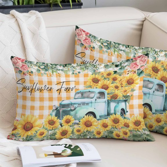 Sunflowers Trucks Pillow Covers 20x36 Inch, Spring Farmhouse Eucalyptus Orange Plaid Decorative Pillowcase with Zipper, Microfiber Pillow Protector Pillowcases for Couch Sofa Bed