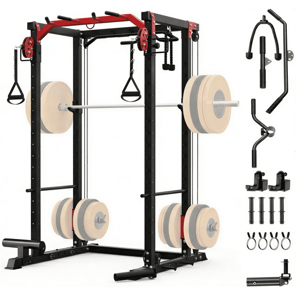 JoanKaren Power Rack Cage,2000lbs Capacity Weight Rack with Adjustable Cable Crossover Machine,Multi-Function Squat Rack with J Hooks,Dip Bars and Landmine,Balck&Red