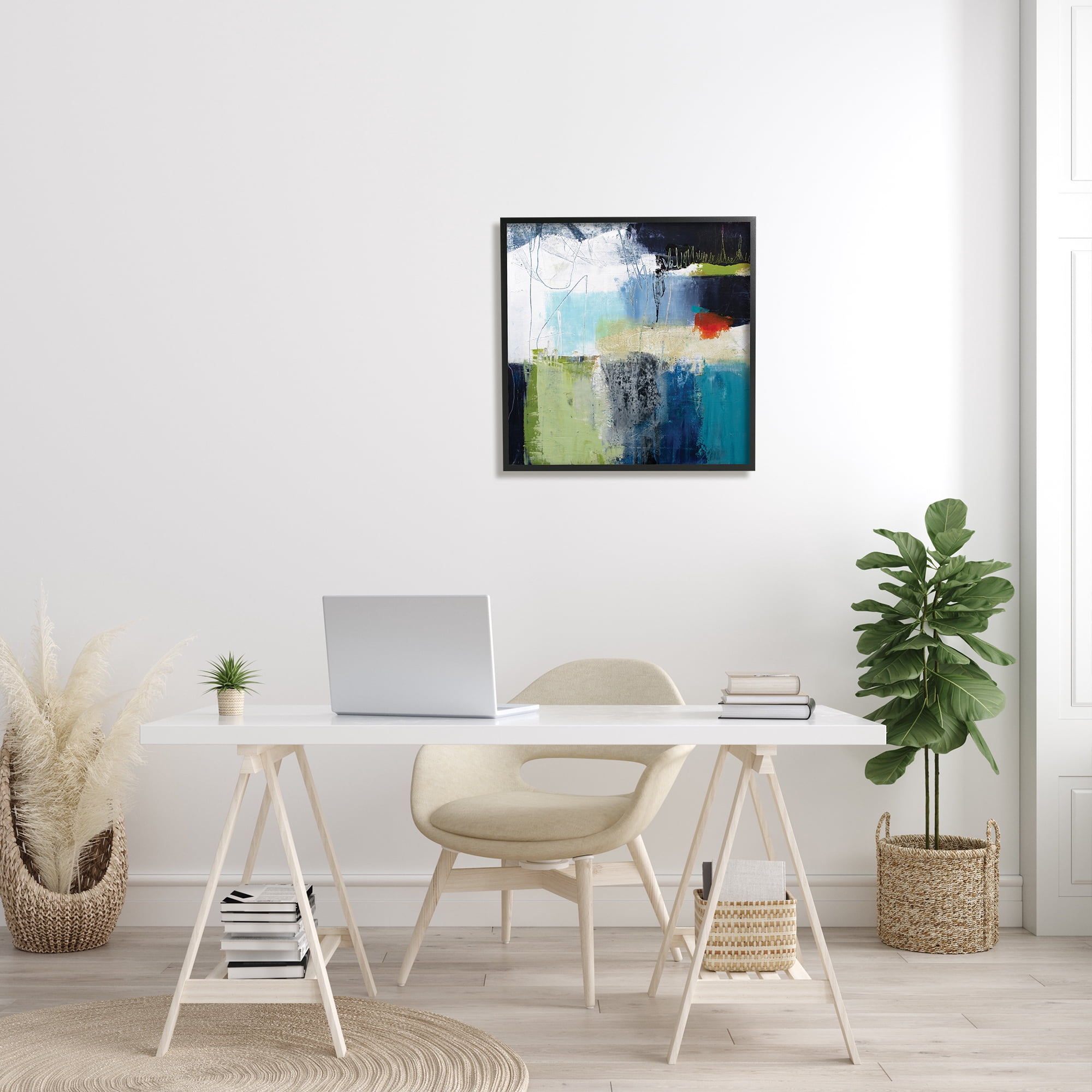 Stupell Industries Abstract Collage of Chaotic Shapes Blue Green Rustic Painting Black Framed Art Print Wall Art, 24 x 24, Design by Pamela K. Beer