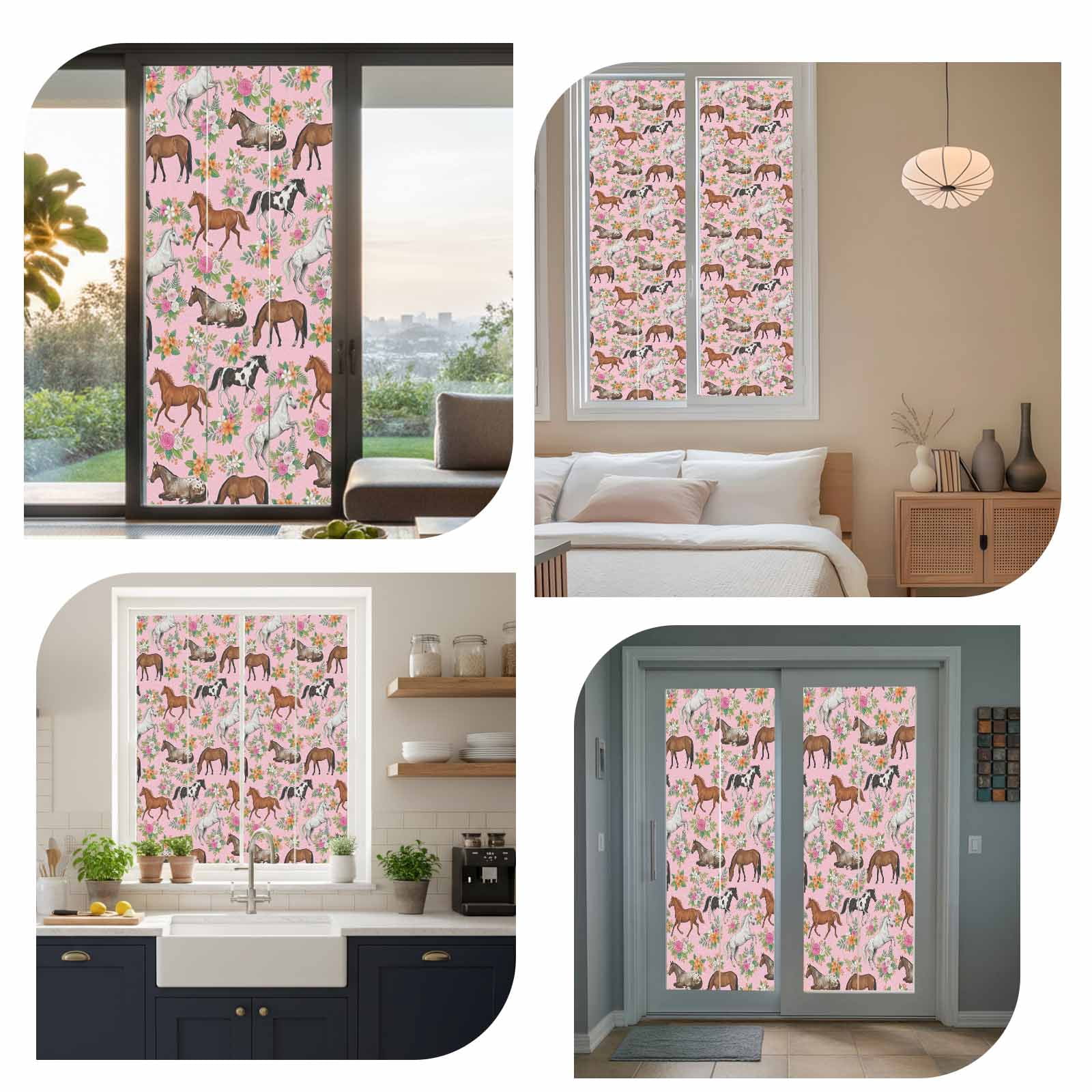 Horses Animal Window Privacy Film, Orange Flower Roses Leaf Pink Background Frosted Glass Window Clings Static Cling UV Heat Blocking Reusable Door Sticker for Bathroom 23.6 x 59 Inch