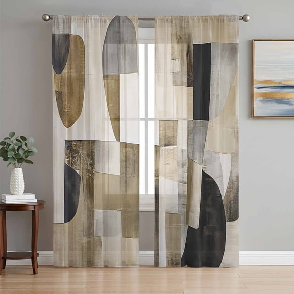 Abstract Black Brown Sheer Curtains 72 Inch Length 2 Panels Set, Oil Painting Color Blocks Voile Window Treatment Rod Pocket Curtains Sheers Drapes for Bedroom/Living Room/Kitchen 52"x72"x2