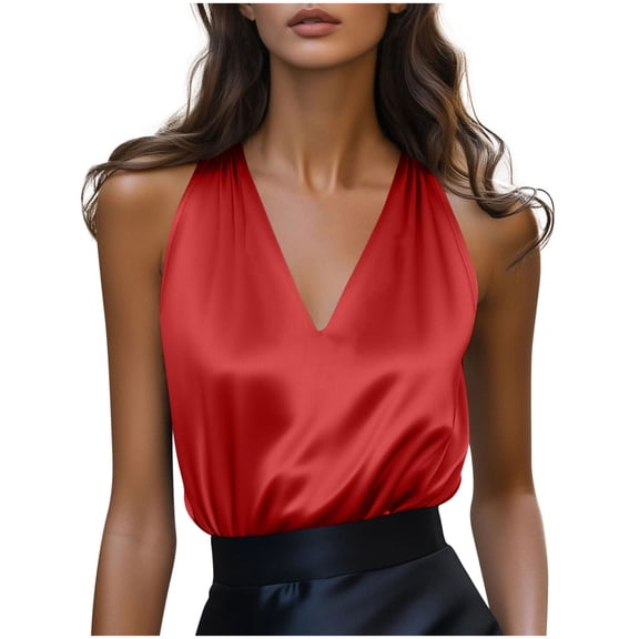Husipze Women's Silk Satin Tank Tops V Neck Flowy Dressy Casual Sleeveless Blouses Summer Business Work Shirts Red XXXL