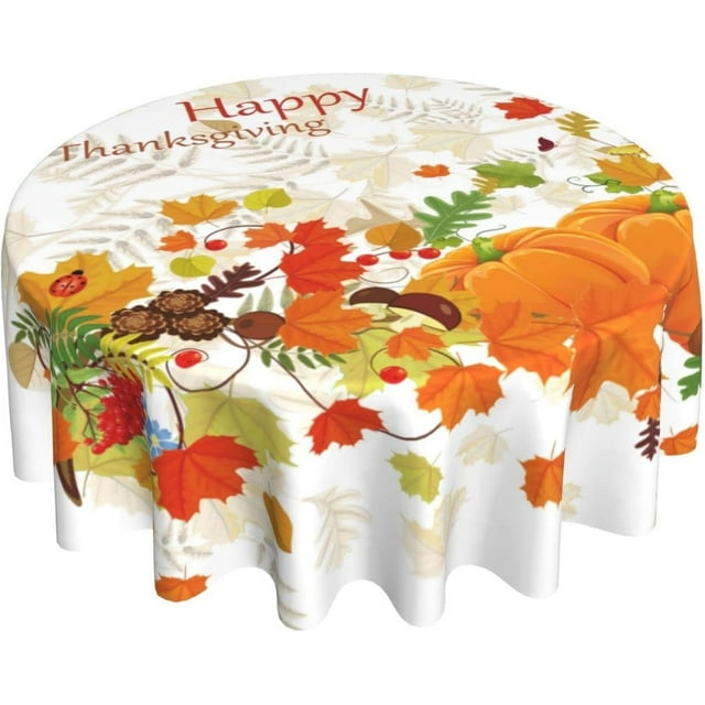 Fall Round Tablecloth 60 Inch Thanksgiving Tablecloth Waterproof Polyester Washable Table Cover with Autumn Leaf and Pumpkin Pattern Table Cloth for Kitchen Dining Room Picnic Patio Party