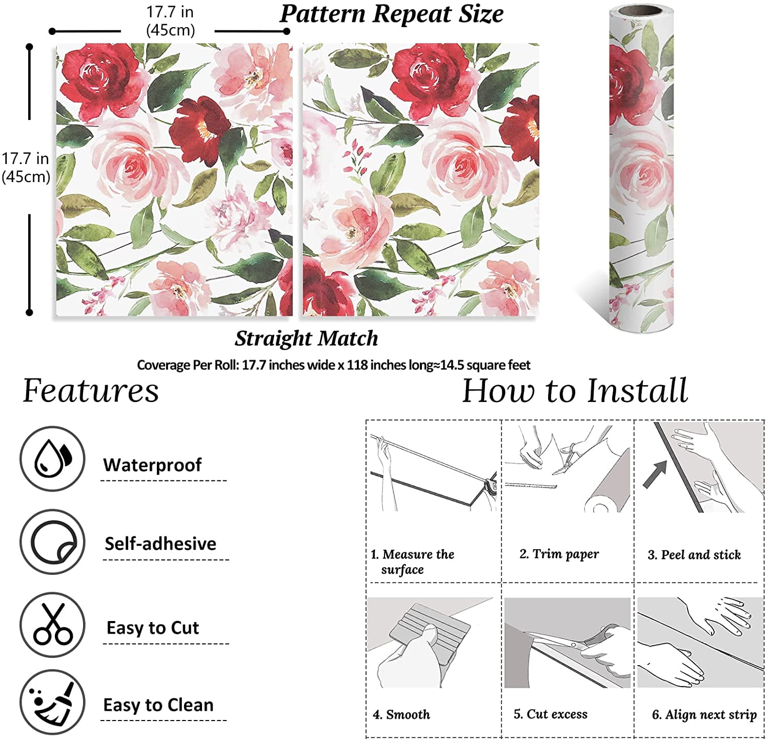VEELIKE 17.7" x118.1" Vintage Peel and Stick Wallpaper Floral Self-Adhesive Removable Pink Red Rose Floral Wallpaper Vinyl Decorative Leaf Floral Contact Paper for Bedroom Walls Cabinet Nursery Shelf