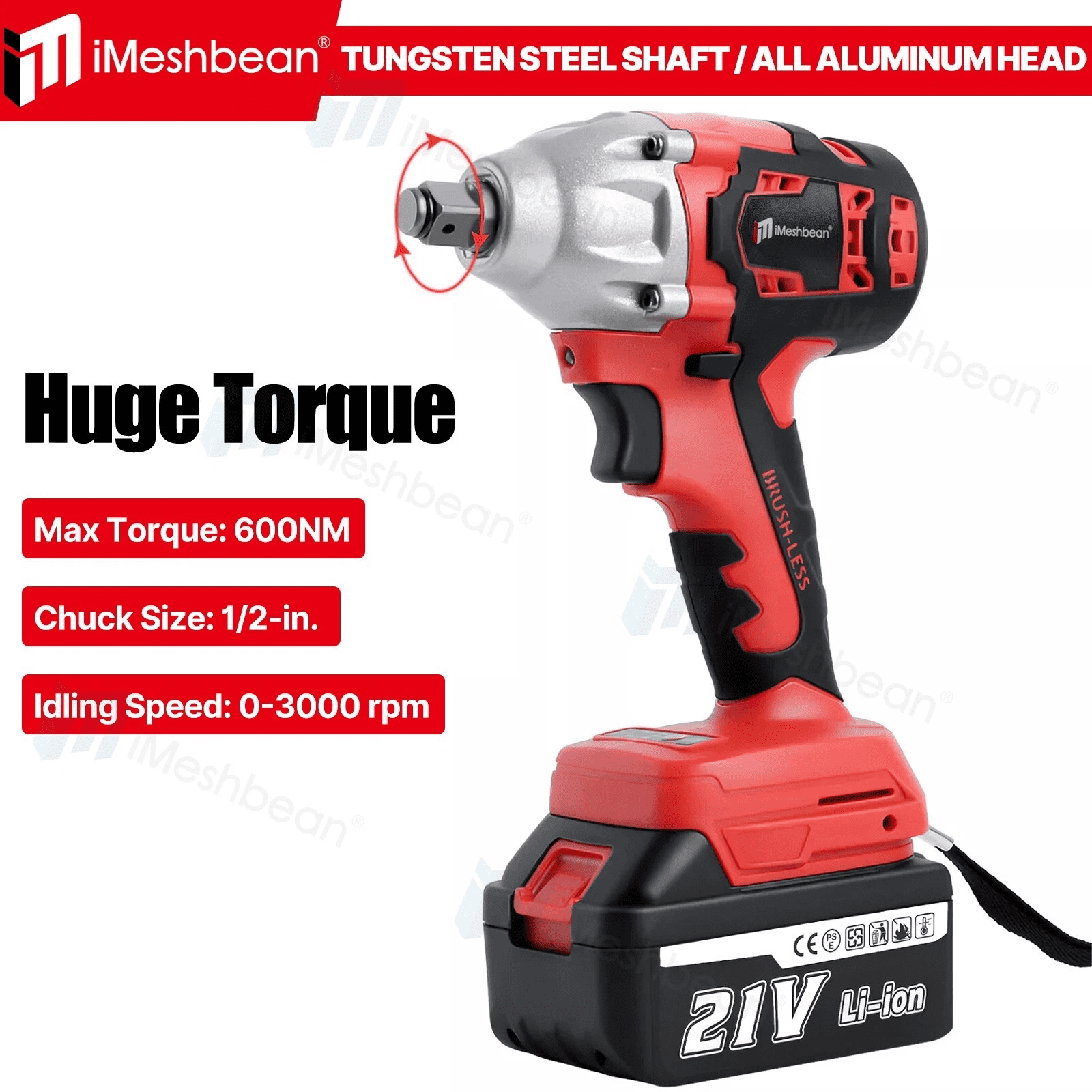 iMeshbean 600 N.m Cordless Electric Impact Wrench 1/2'' High Power Screwdriver Li-ion Battery