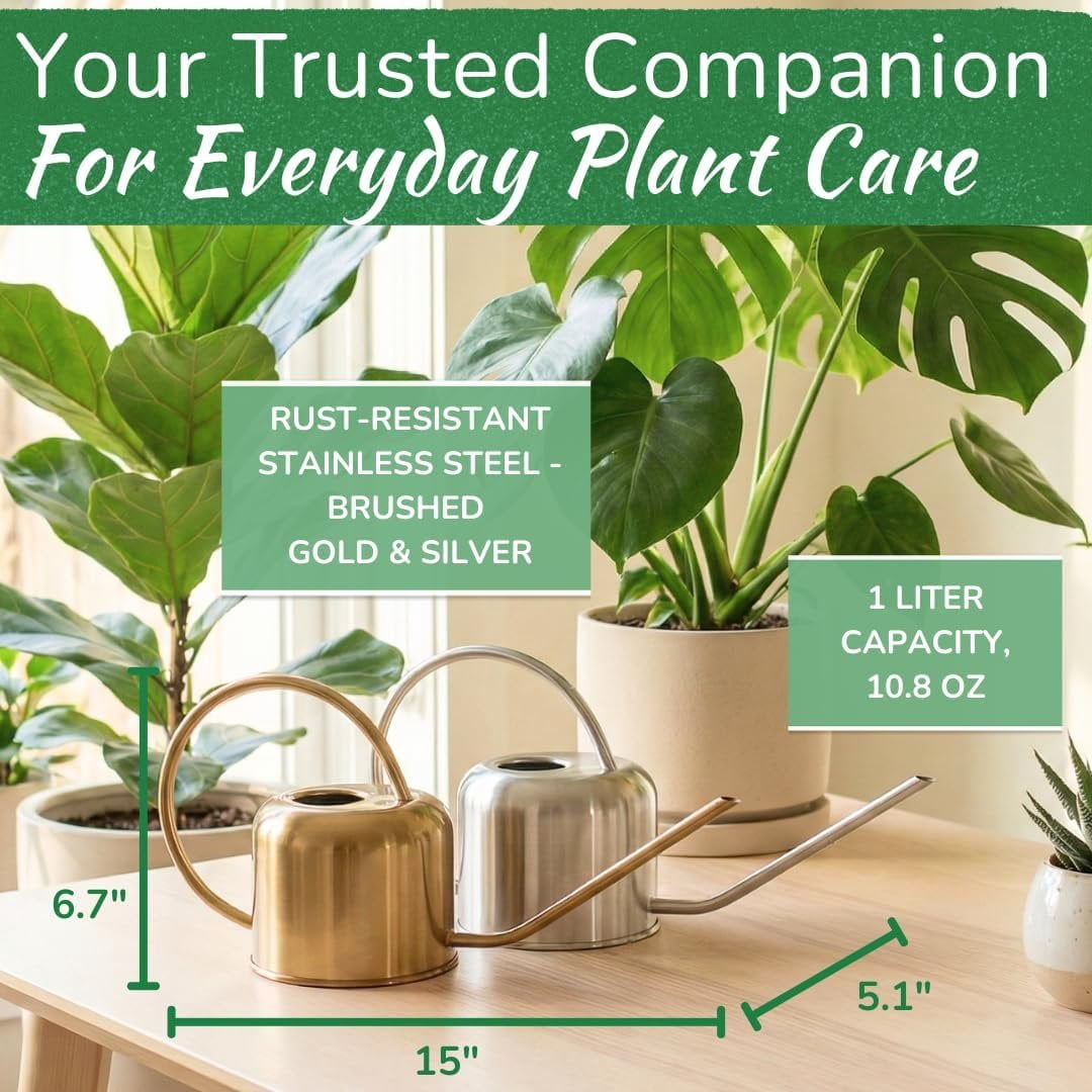 Stainless Steel Watering Can for Houseplants by Houseplant Resource Center  1L Capacity for Indoor/Outdoor Plants in Brushed Silver