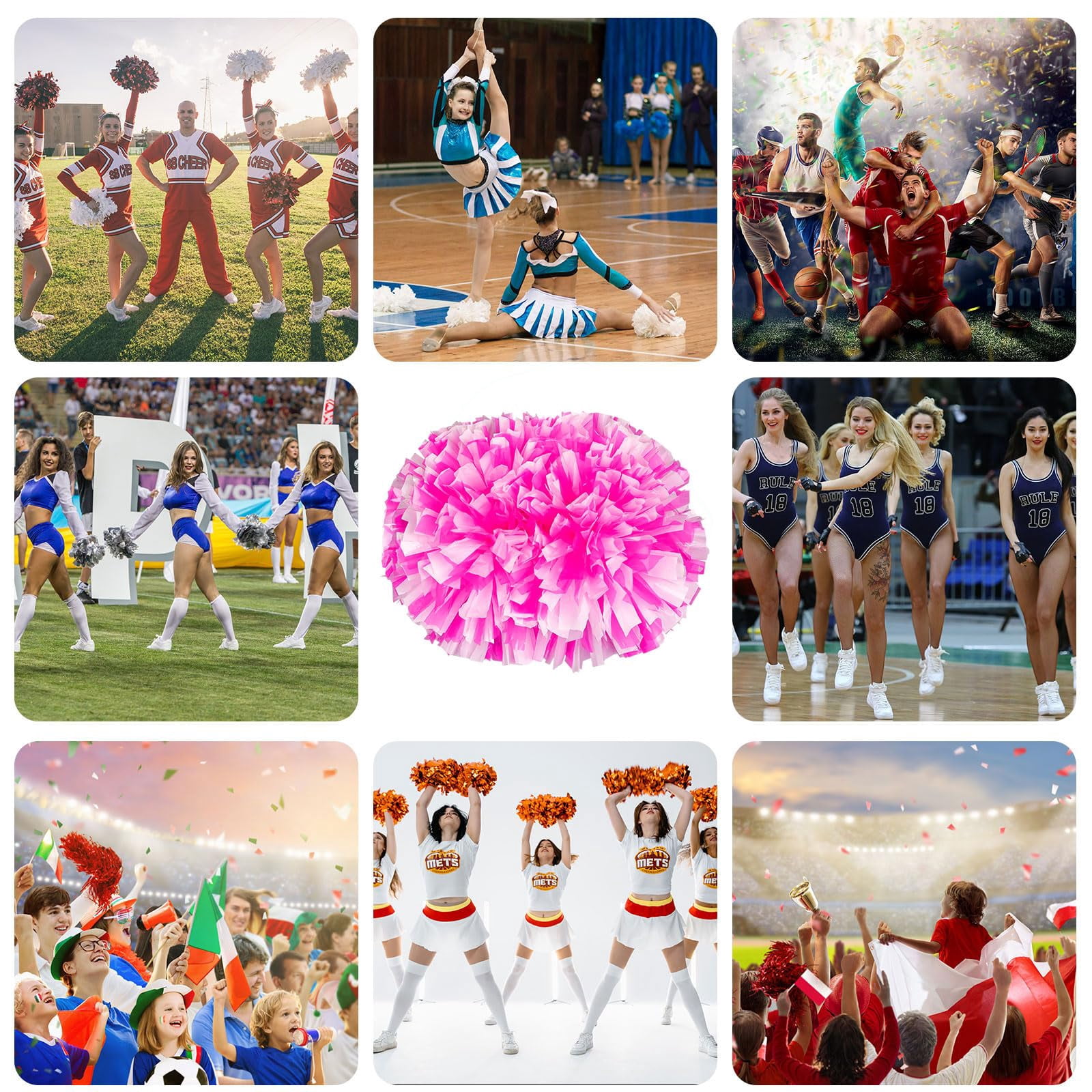 Cheer Pom Poms 20 Pcs with Handle, Cheerleading Handheld Squad Pompoms for Sports Team Cheer Spirit Games Dance Party Adults