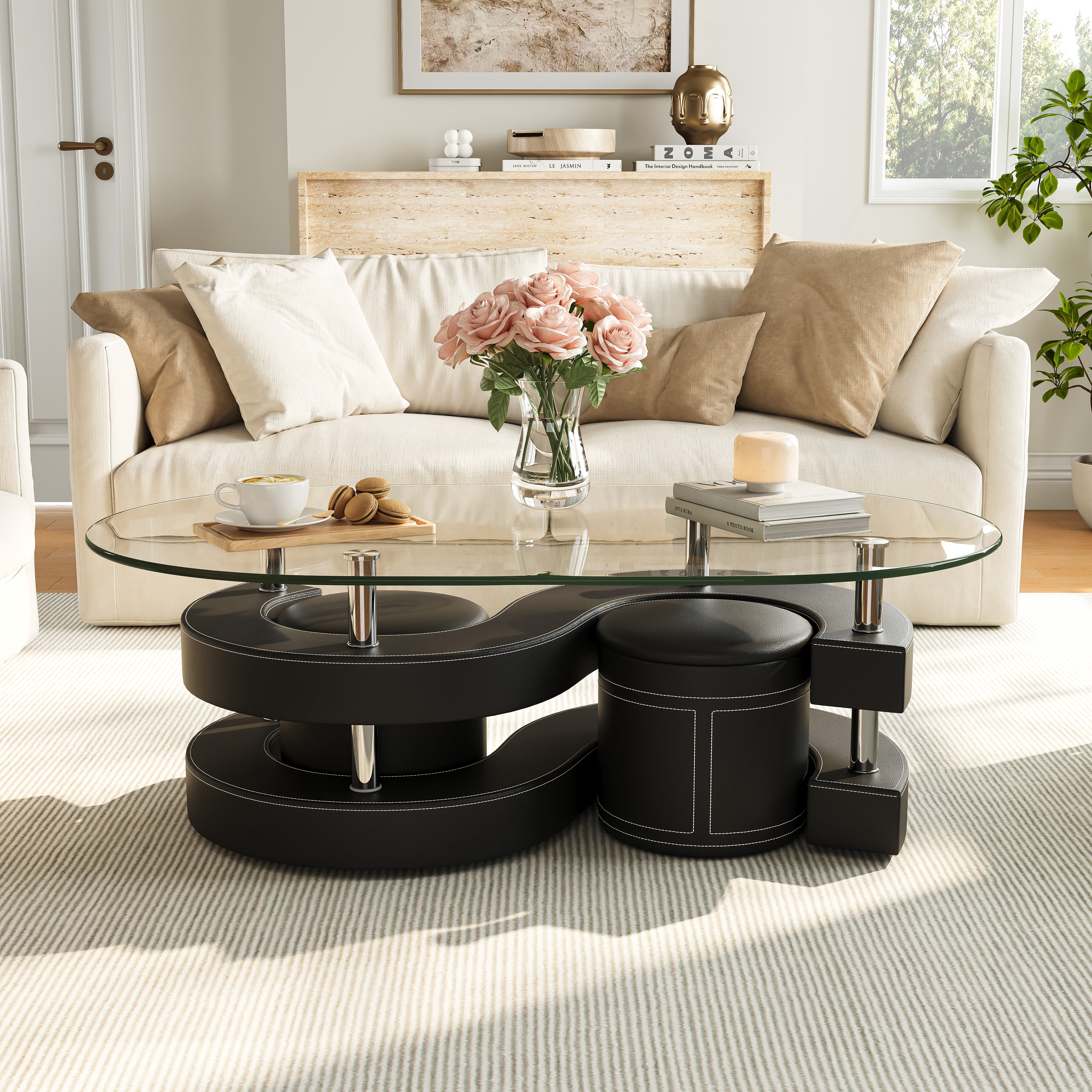 3 Pieces Coffee Table Set, 0.39" Tempered Glass Top and S Shape Base, Oval Modern Coffee Table with 2 Leather Stools, Accent Coffee Table for Living Room Bedroom