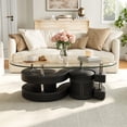 thumbnail image 2 of 3 Pieces Coffee Table Set, 0.39" Tempered Glass Top and S Shape Base, Oval Modern Coffee Table with 2 Leather Stools, Accent Coffee Table for Living Room Bedroom, 2 of 8