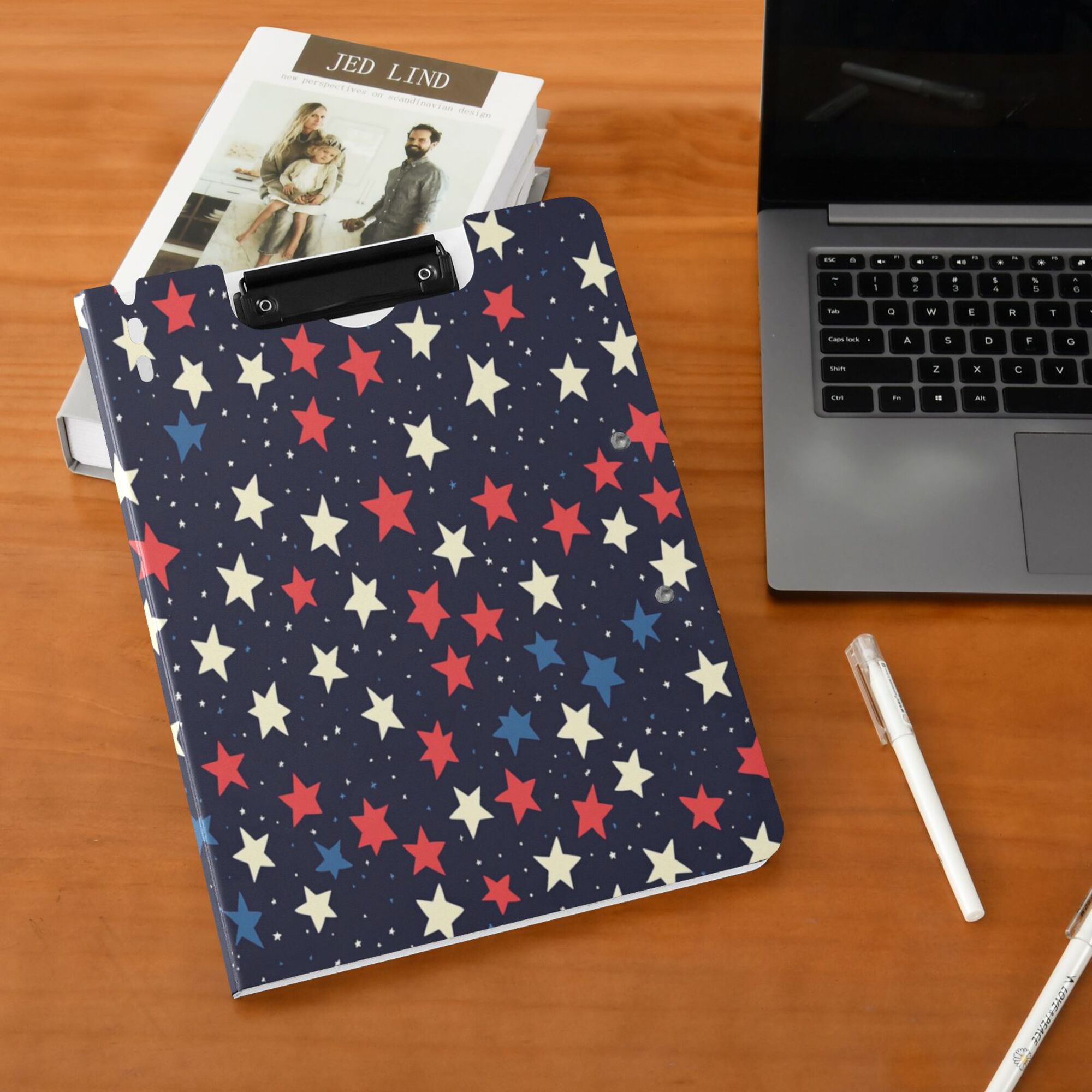 FORMRS A4 Clipboard Folder with Pen Holder Horizontal Foldable School Office Binder, Red Starry Pattern