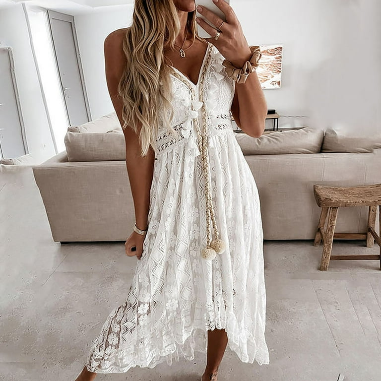 Frostluinai Women's Boho V-Neck Dress, Sleeveless, White Wedding Guest  Bridesmaid, Beach Maxi Sundress - Walmart.com