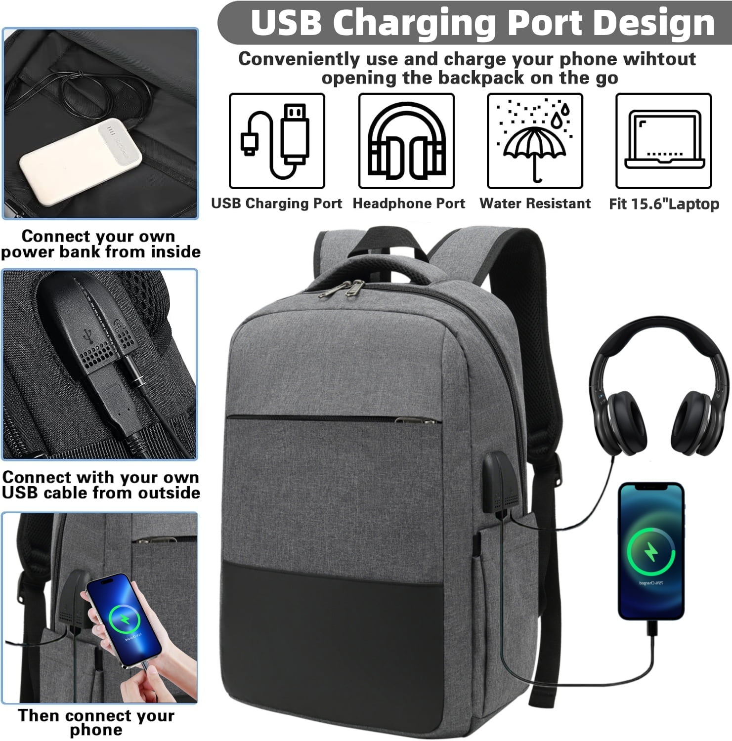 Travel Backpack with USB Port, Laptop Carry On Backpack, Waterproof Casual Daypack Computers Backpacks  for Women Men Weekender Trips, Business, School & Hiking, Gray