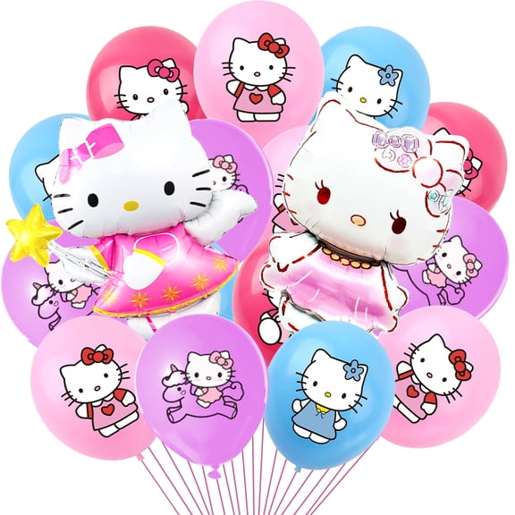 Hallo Kit-ty Balloon Party Decorations, 18 Pcs Hallo Kit-ty Birthday Decoration Balloons Set - Hallo Kit-ty Themed Party Latex Balloons and Foil Balloons for Kids Birthday Party Decorations Favors