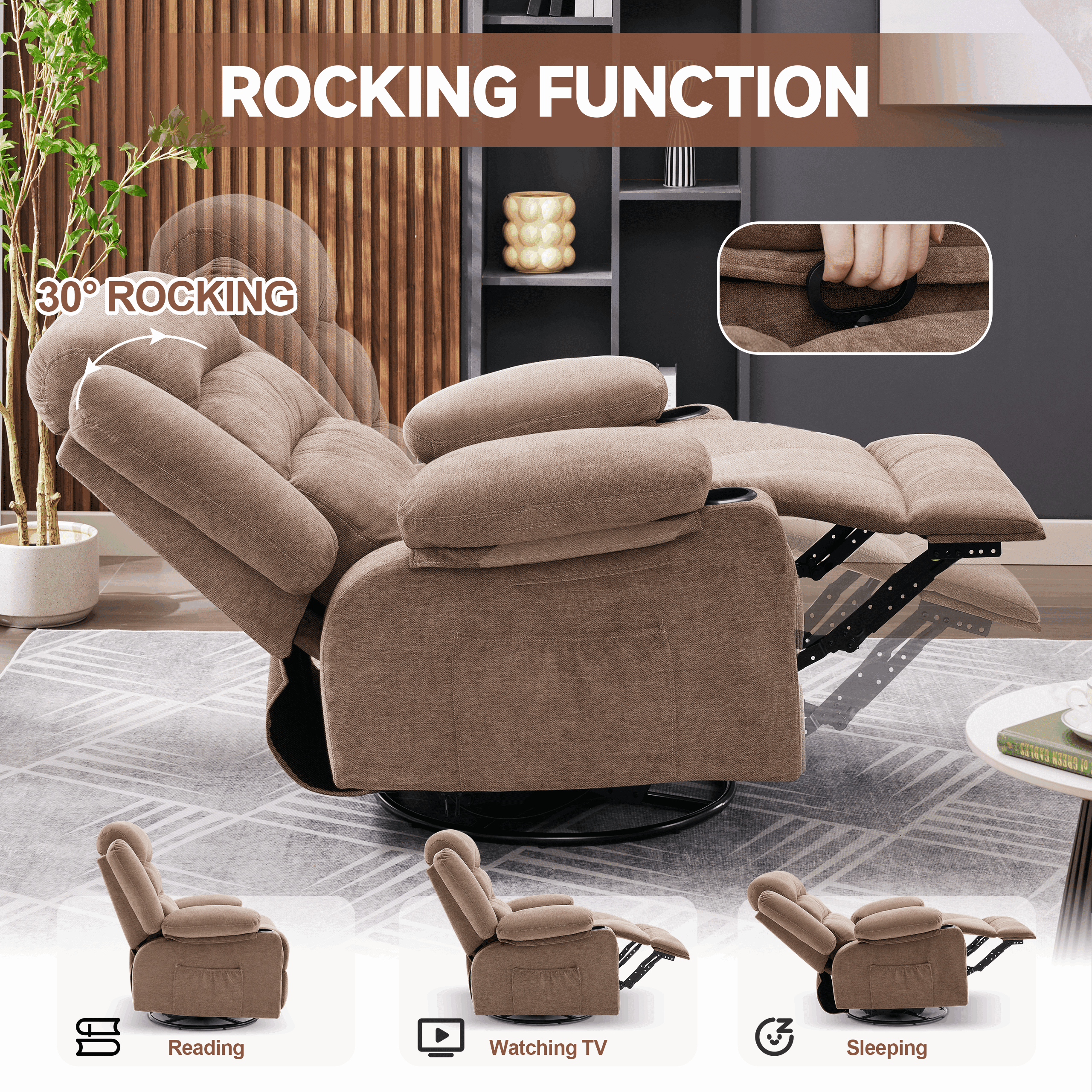 Rocker Recliner Chair with Heat and Massage, 360° Swivel Recliner Chairs for Adults, Oversized Recliner Single Sofa Seat with Cup Holders, Brown