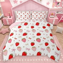 Homewish Red Pink Strawberry Full Size Comforter Sets for Girls, Kawaii Cartoon Bowknot Bedding Comforter Set, Love Heart Bowknot Reversible Bedding Sets, Luxury Bedroom Decor, 3 Pieces