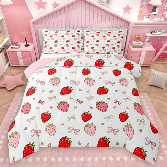 Homewish Red Pink Strawberry Bedding Comforter Set for Girls, Kawaii Cartoon Bowknot Twin Comforter Sets, Love Heart Bowknot Reversible Bedding Set, Luxury Bedroom Decor, 2 Pieces