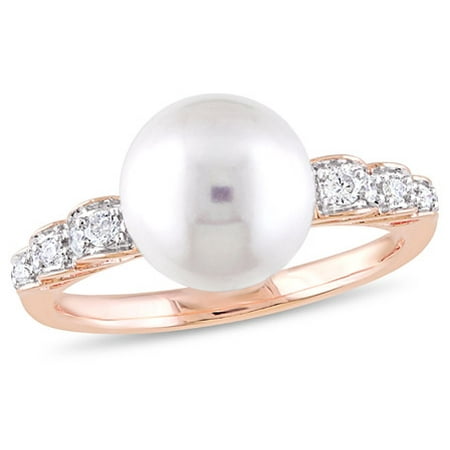 Miabella 9-9.5mm White Cultured Freshwater Pearl and 1/8 Carat T.W. Diamond 10k Rose Gold Engagement Ring