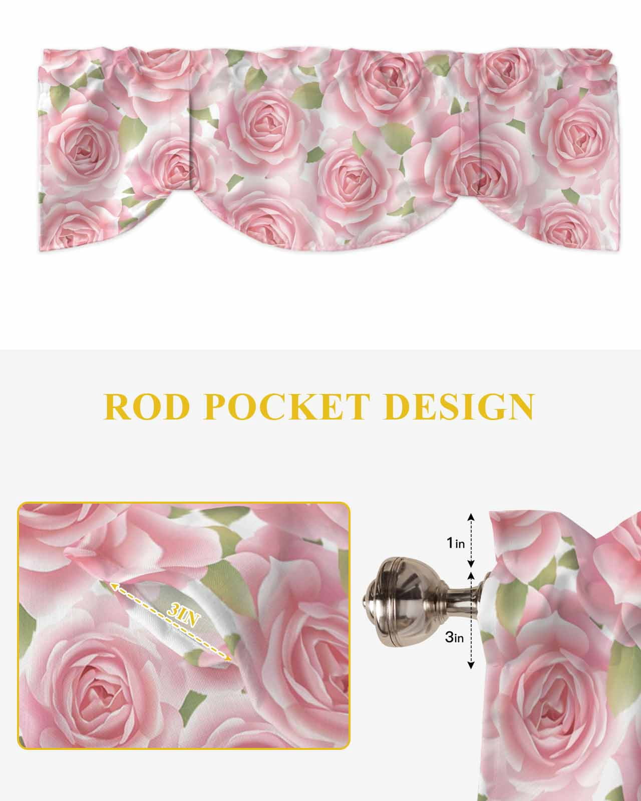 Pink Rose Floral Tie Up Valances Curtain, Adjustable Kitchen Flowers Leaves Pastoral Plant Classic Valances for Windows Decor, Rod Pocket Short Curtains Set for Bedroom/Bathroom, 54"x18"