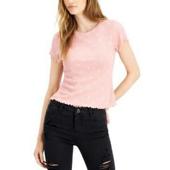 MSRP $24 Self Esteem Juniors' Heart-Print Lettuce-Edge T-Shirt Pink Size Medium