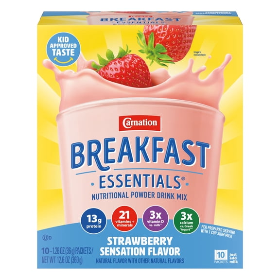 Carnation Breakfast Essentials Powder Protein Nutritional Shake Drink Mix Packets, Strawberry Sensation Breakfast Shake, 10 Count