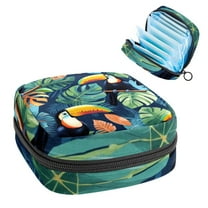 Sanitary Napkin Storage Bag for Girls Women, Portable First Period Pads Bag Tampons Holder Girls Travel Makeup Bag, Large Capacity Tropical Palm Leaves Bird Toucan