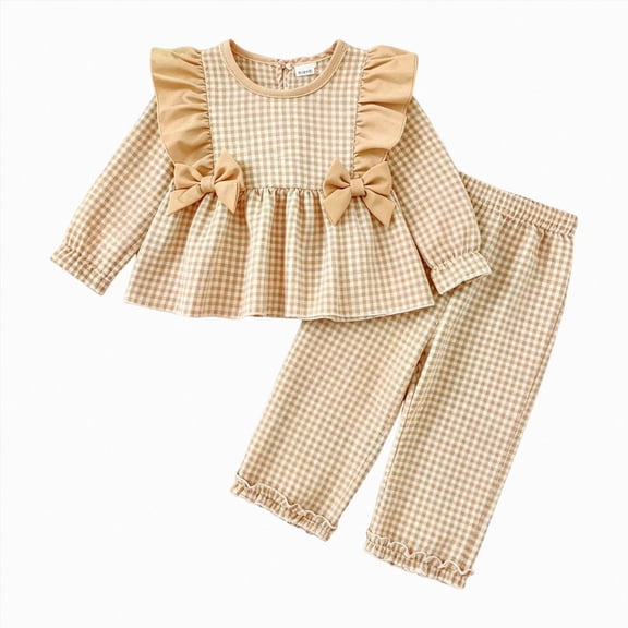 yboeqw Toddler Girls 2Piece Outfits Cute Baby Girl Plaid Print Long Sleeve Pant Set Flower Ruffle Top,Size 2-3 Years