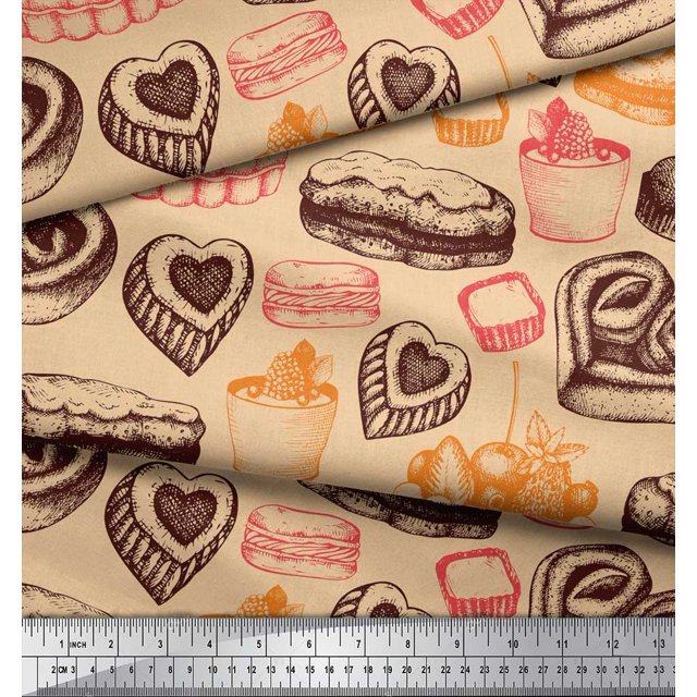 Soimoi Rayon Crepe Fabric Burger & Fruit Cake Food Print Fabric by the Yard 46 Inch Wide