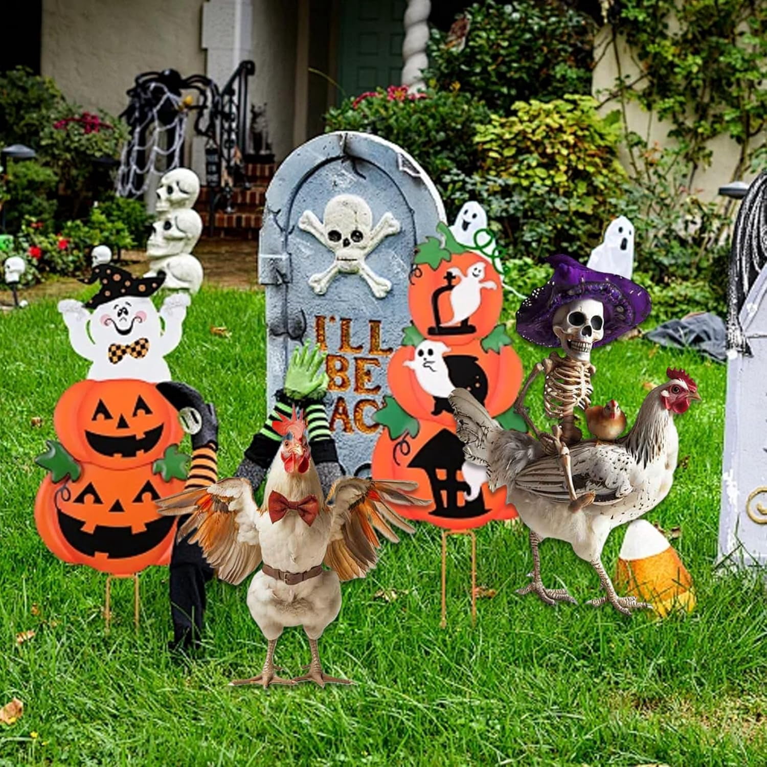 2-Piece Metal Chicken Skeleton Halloween Decor – 2D Rooster Yard Art with Stakes, Realistic Farm Animal Ornament for Outdoor Garden, Lawn, and Yard Display