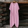 thumbnail image 4 of Vestido Casual de Mujer Suelto Cuello en V Manga de Tres Cuartos con Bolsillos Y Borde Irregular Vestido de Lino Mujeres, 4 of 9