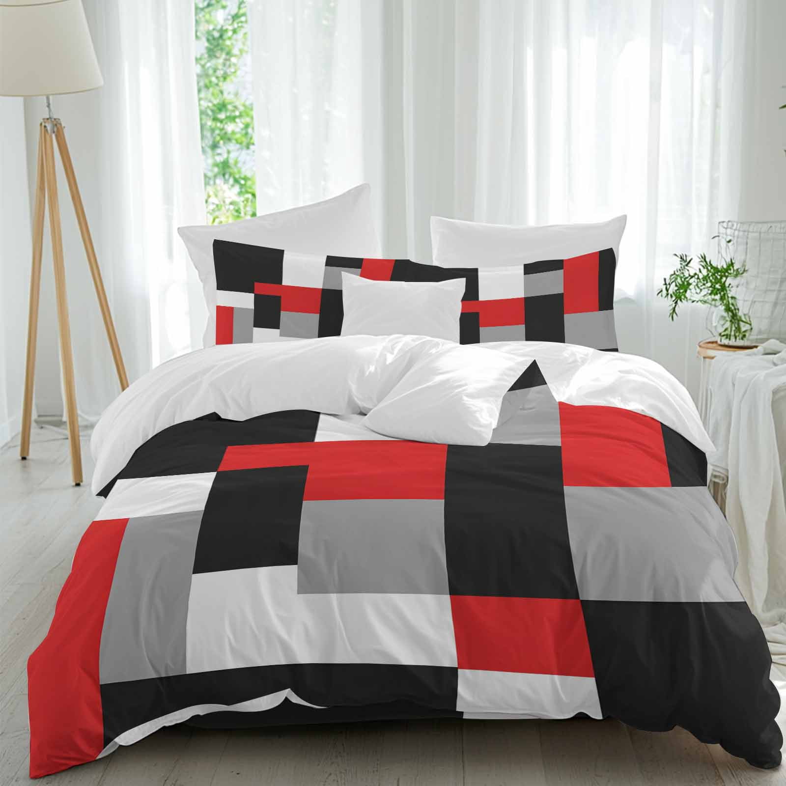 Red Black Grey Geometric Duvet Cover Set, Modern Abstract Art Luxury Soft Duvet Cover Queen Size Bedding Set 4 Pieces, 1 Quiltcover and 2 Pillowcases with Zipper, 1 Bed Sheet for All Seasons